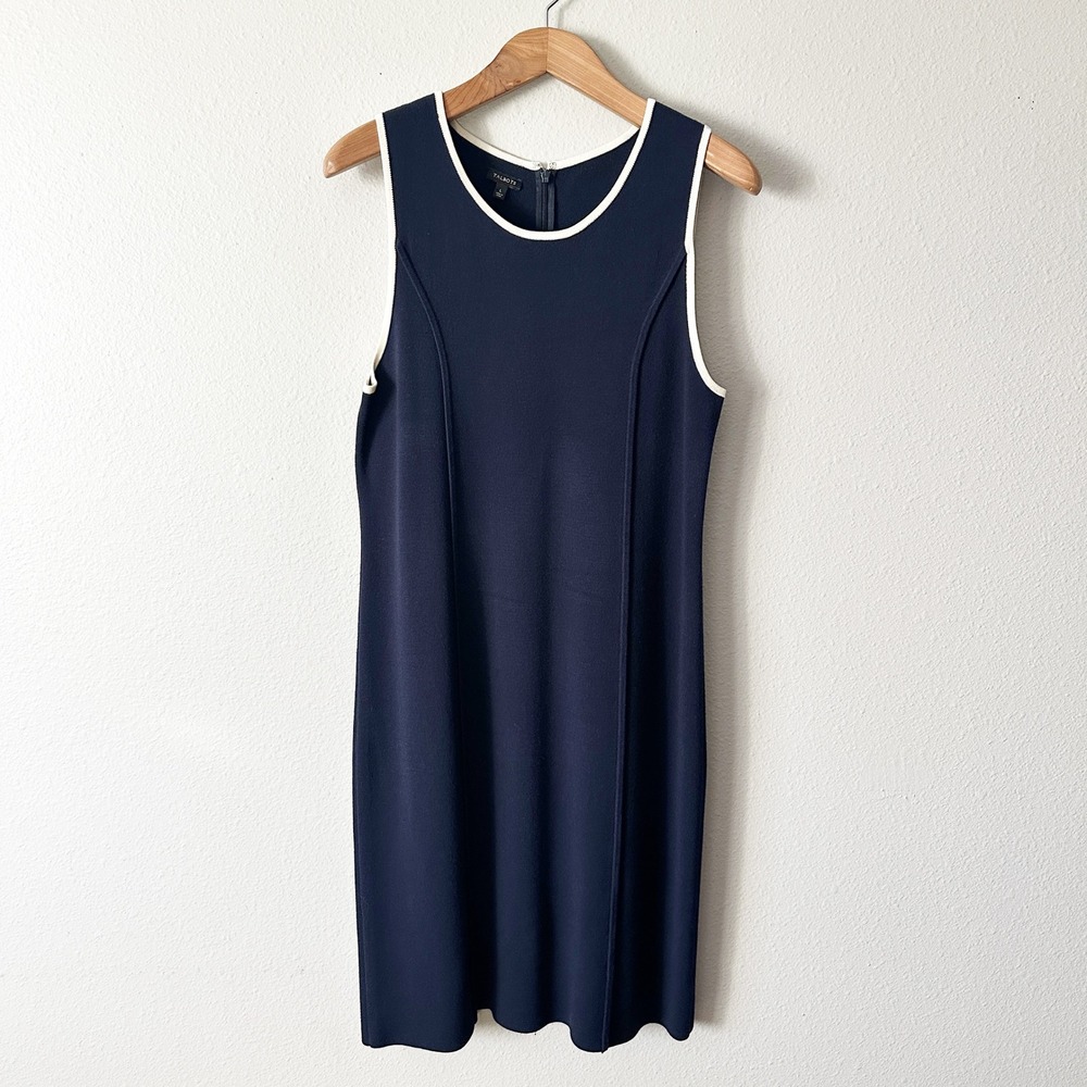 Talbots Navy Blue White Trim Sleeveless Knit Sheath Dress Women's Size Large